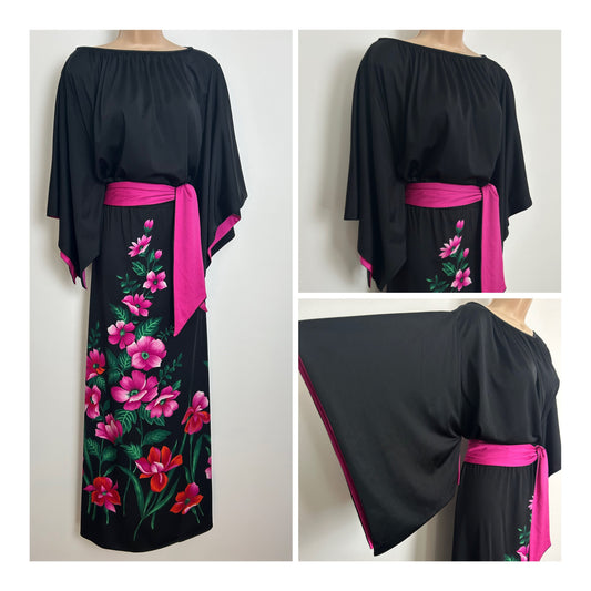 Vintage 1970s Size 16-18 Black & Pink Floral Print Belted Wide Kimono Sleeve Maxi Dress