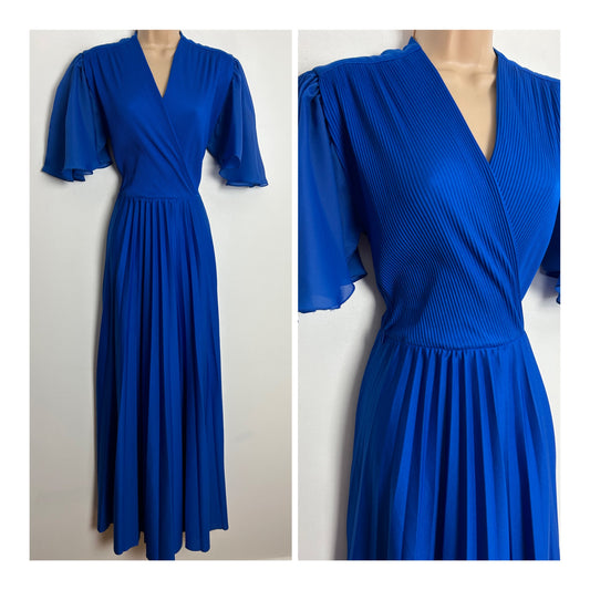 Vintage 1970s UK Size 10 Electric Blue Plisse Pleated Flared Short Flared Sleeve Pleated Maxi Dress