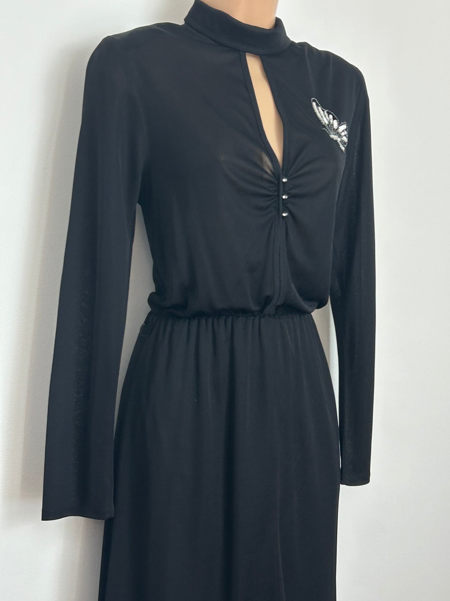 Vintage Late 1970s MARIA KROLL Size 8-10 Black Long Sleeve Silver Sequin Butterfly Detail Evening Dress