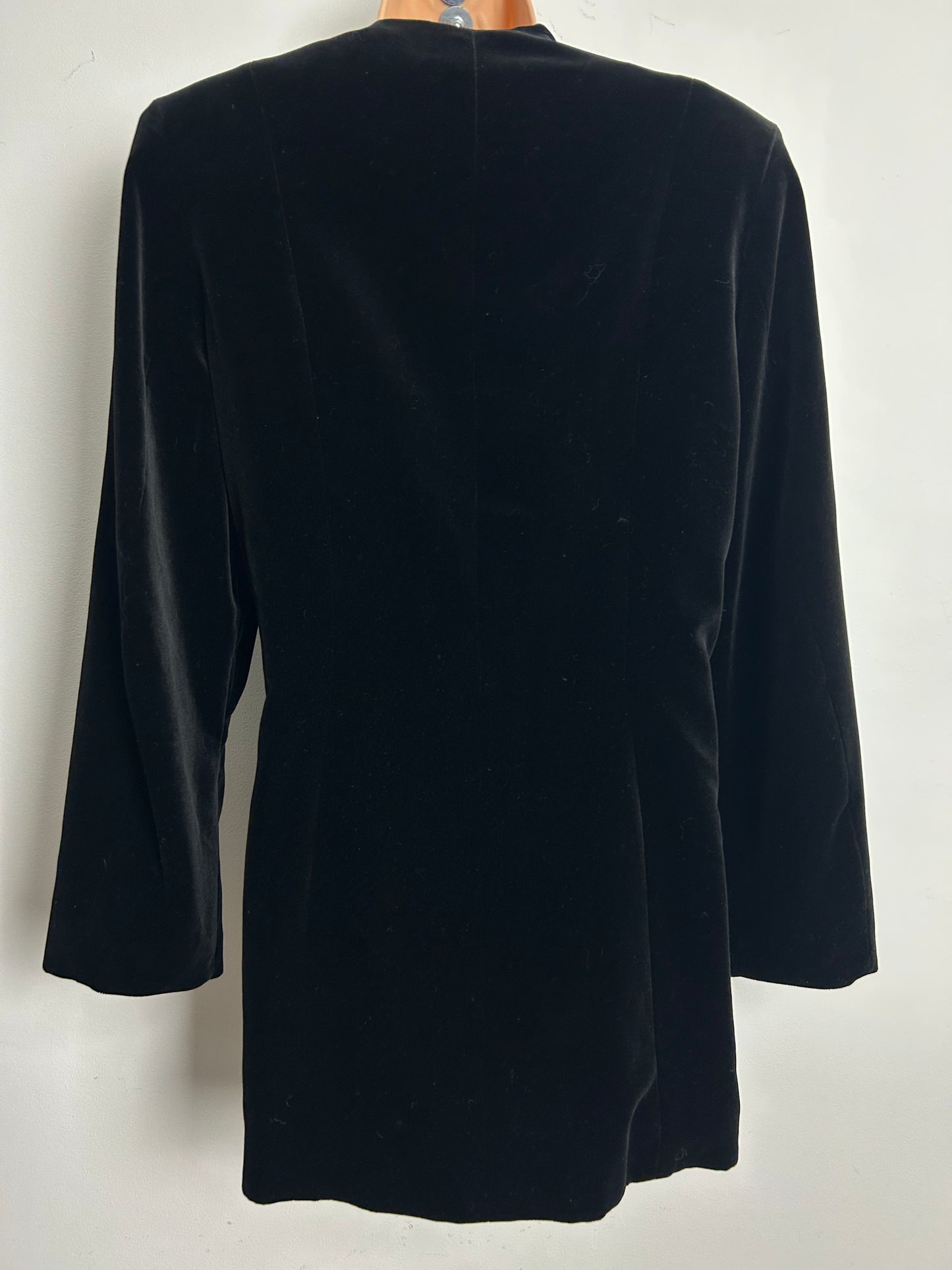 Vintage 1980s Size 14 Black Velvet Gold Button Detail Collarless Blazer