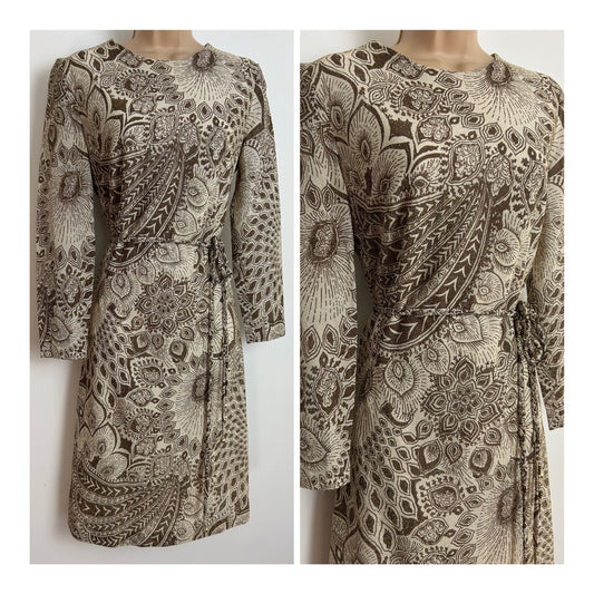 Vintage 1960s WOLSEY LOMBARDI Size 10 Cream Brown & Gold Lurex Floral & Leaf Print Belted Dress