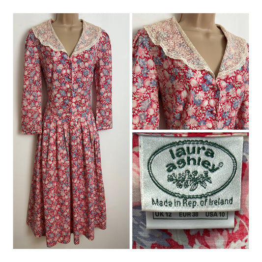Vintage 80s LAURA ASHLEY Size 8 (Size 12 On Label) Red Blue & Pink Floral Lace Collar Tea Dress