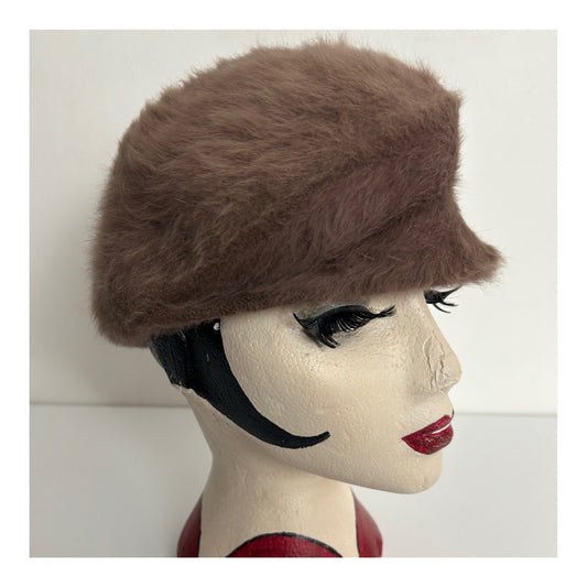 Vintage 1960s Fawn Brown Angora Mix Peaked Baker Boy Style Hat
