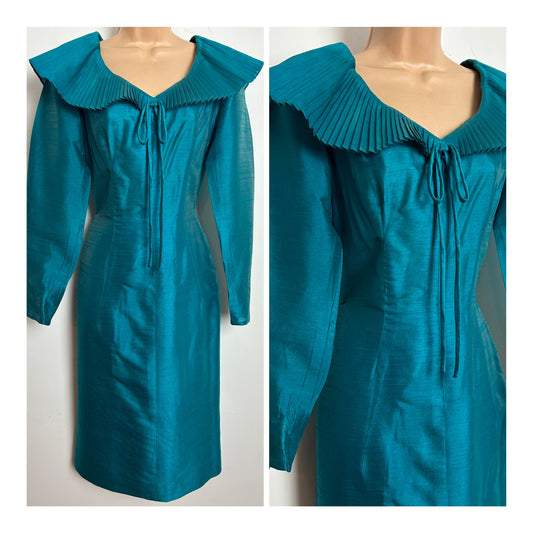 Vintage 1960s MARCUSA BY MARCUS Size 10 Dark Turquoise Pleated Collar Occasion Party Dress