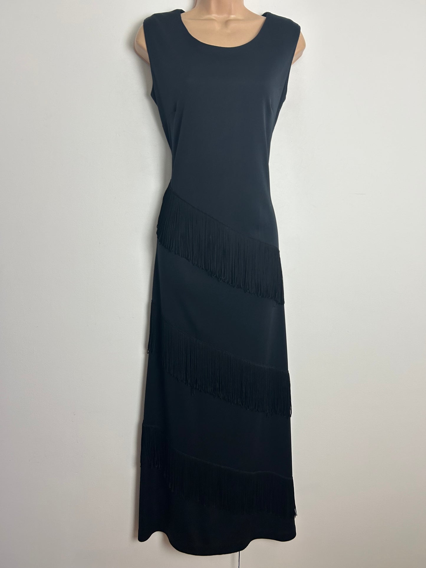 Vintage 1970s Size 12 Black Sleeveless Fringe Tassel Detail Evening Occasion Maxi Dress