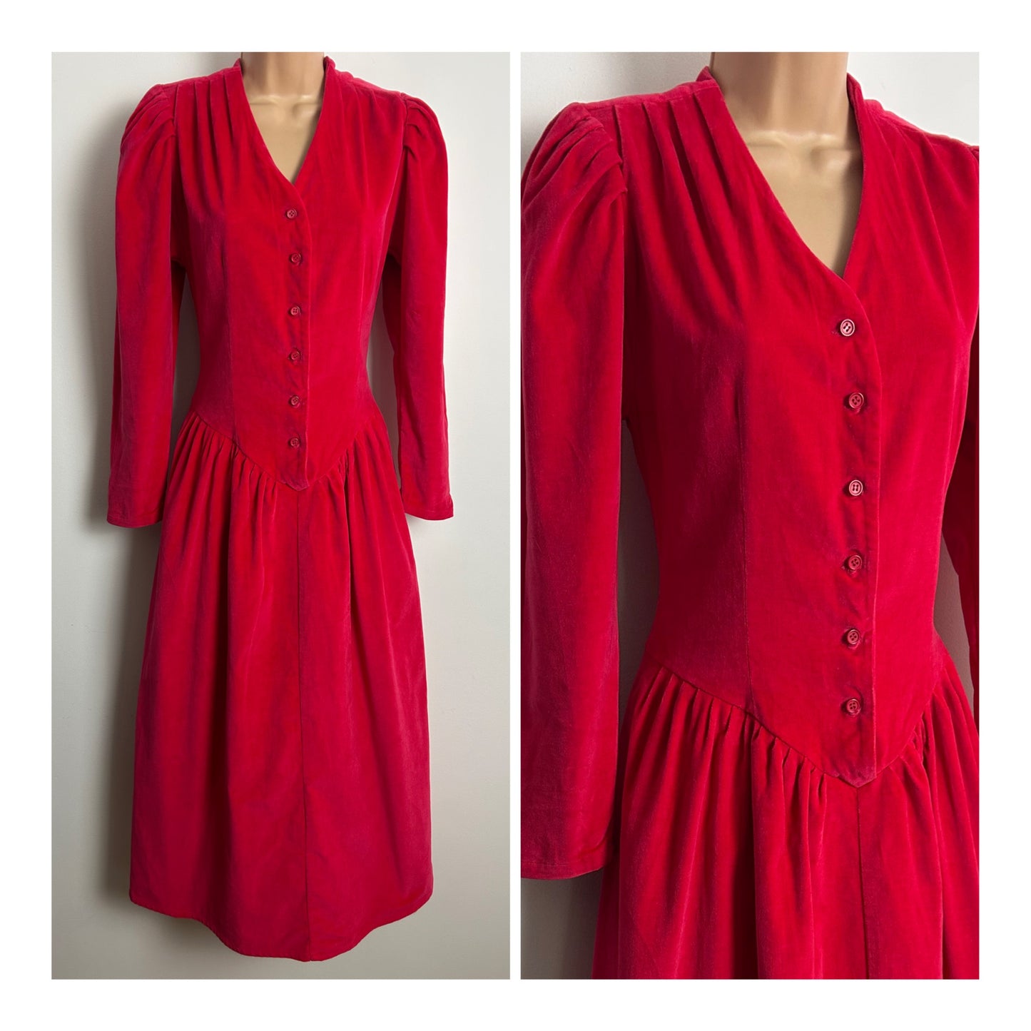 Vintage 1980s ADINI Size 8 Hot Pink Cotton Velvet Gather Pleated Midi Dress