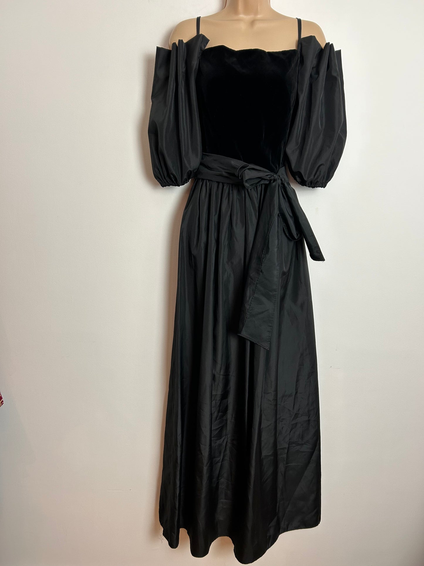 Vintage Early 1980s CHARADE UK Size 8 Black Velvet & Acetate Pleated Cold Shoulder Puffed Sleeve Belted Occasion Evening Maxi Dress