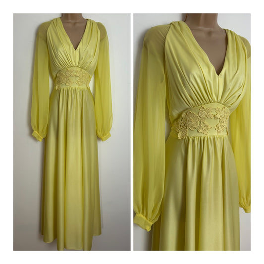 American Vintage 1970s Size 8 Lemon Yellow Floral Applique Detail Long Chiffon Sleeve Occasion Maxi Dress