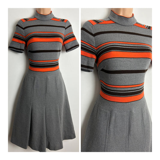 Vintage 1960s Size 6-8 Grey & Orange Stripe Pure New Wool Short Sleeve Pleated Mod Dress