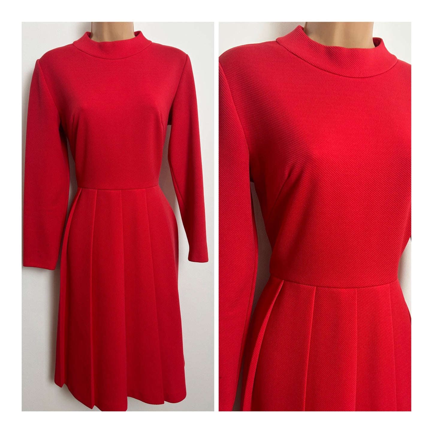 Vintage 1960s RICHARD STUMP Size 8 Raspberry Pinky Red Long Sleeve Pleated Mod Dress