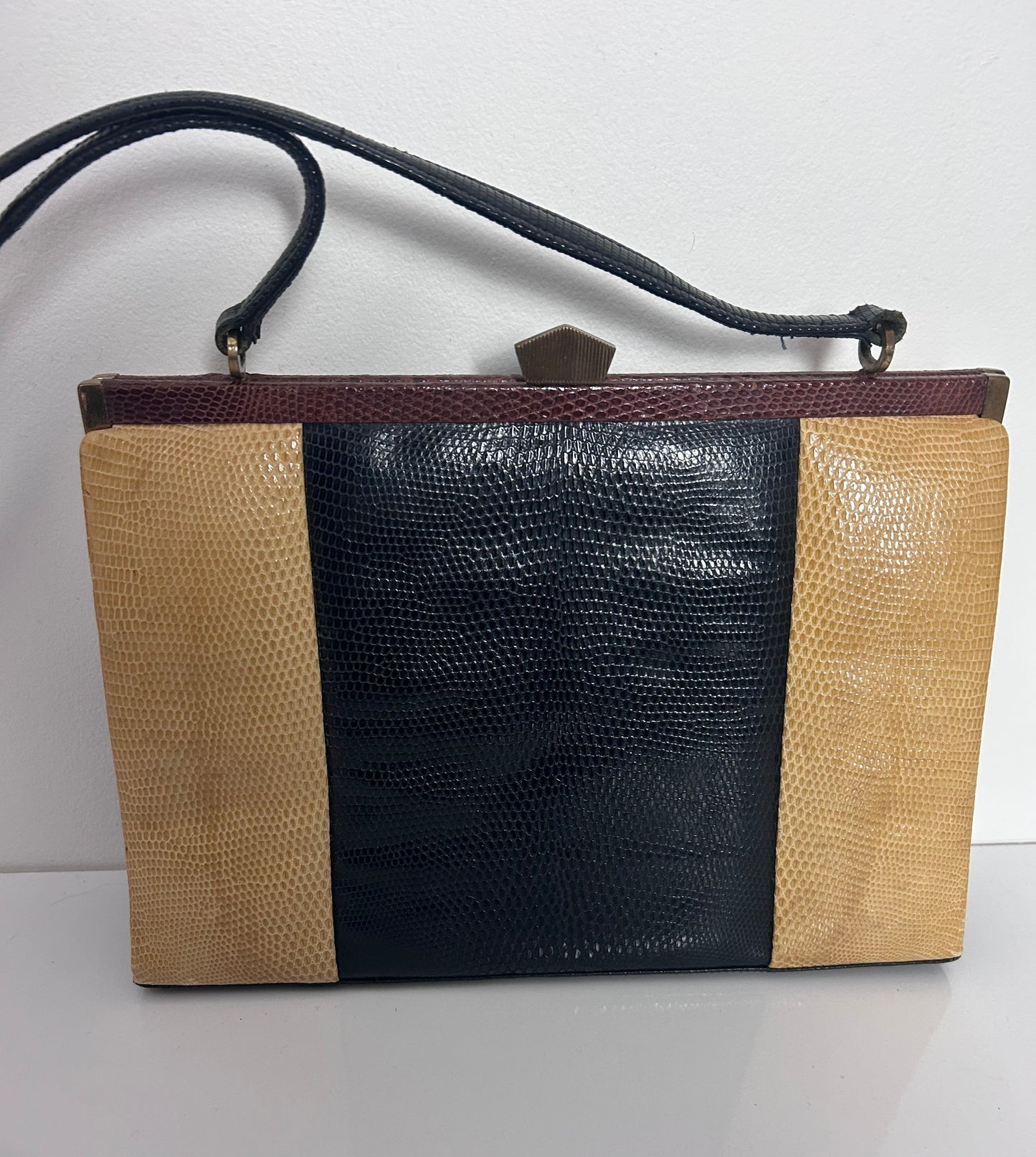 Vintage 1960s Black Beige & Brown Mock Reptile Leather Kelly Style Shoulder Handbag