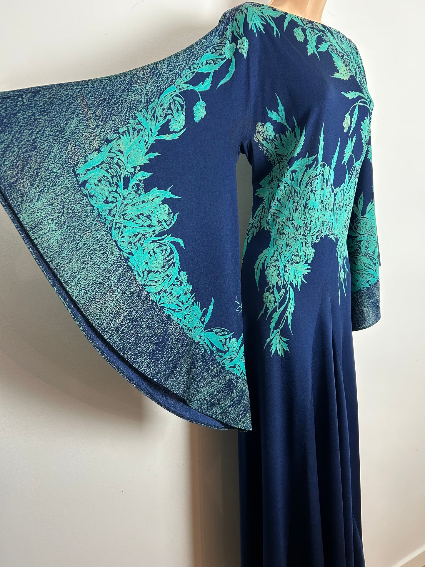 Vintage 1970s RARE PRINCESS RAYOUTI Made In Italy Size 12 Navy Blue & Green Tones Very Wide Sleeve Boho Maxi Dress