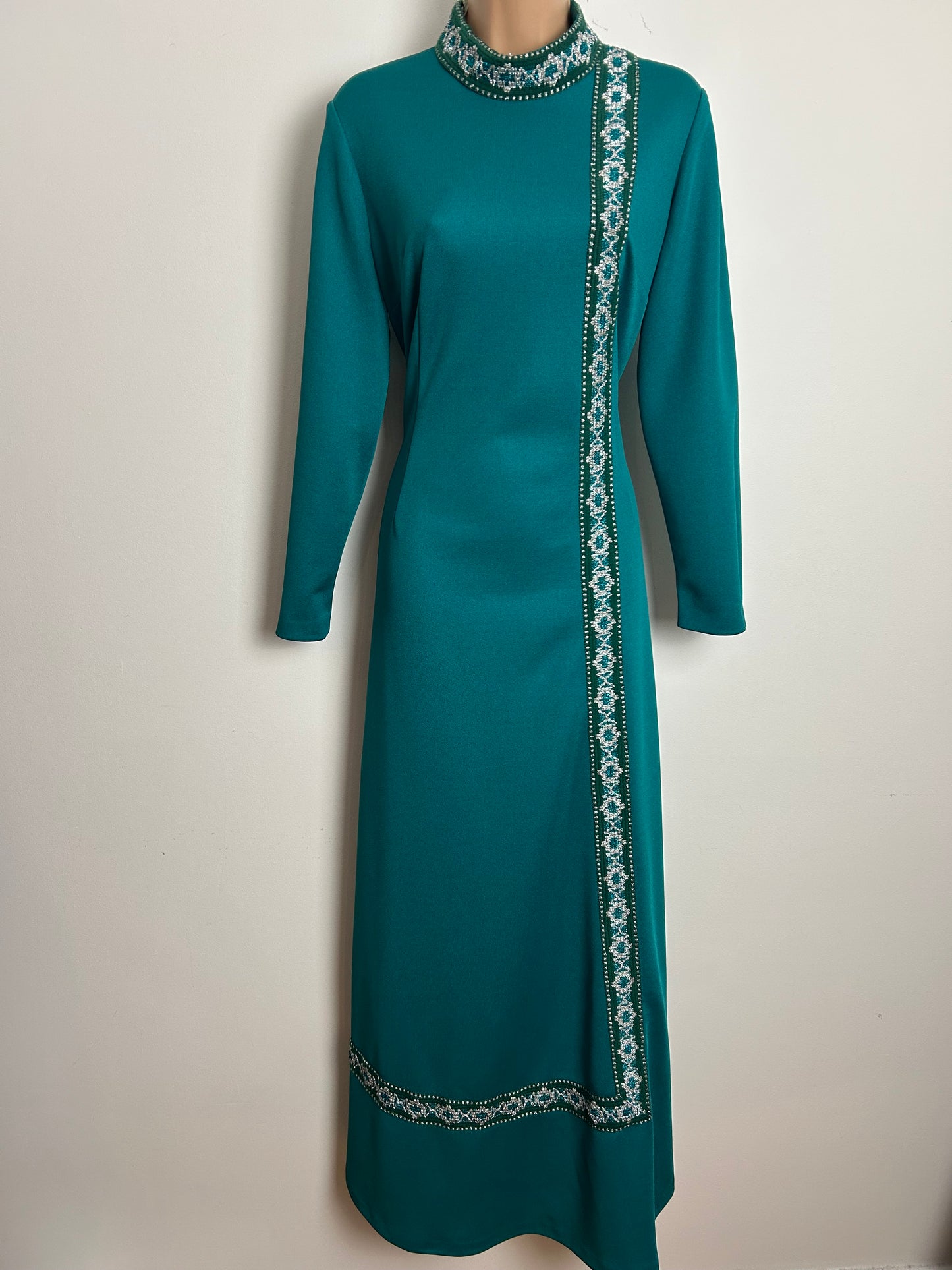Vintage Late 1960s CARNEGIE Size 12- 14 Teal Green & Metallic Silver Braid Trim Long Sleeve Occasion Evening Maxi Dress