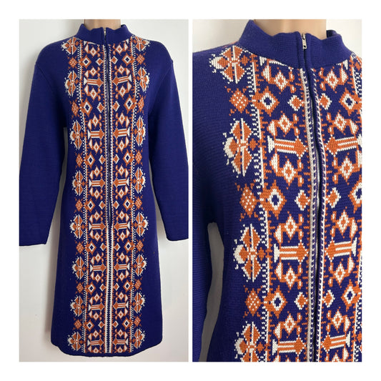 Vintage 1960s Size 12-14 Purple Orange & White Abstract Pattern Zip Front Jersey Shift Dress