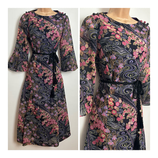 Vintage 1970s CORONET Size 10 Black Lavender Pink & Beige Floral Print Flared Cuff Belted Maxi Dress