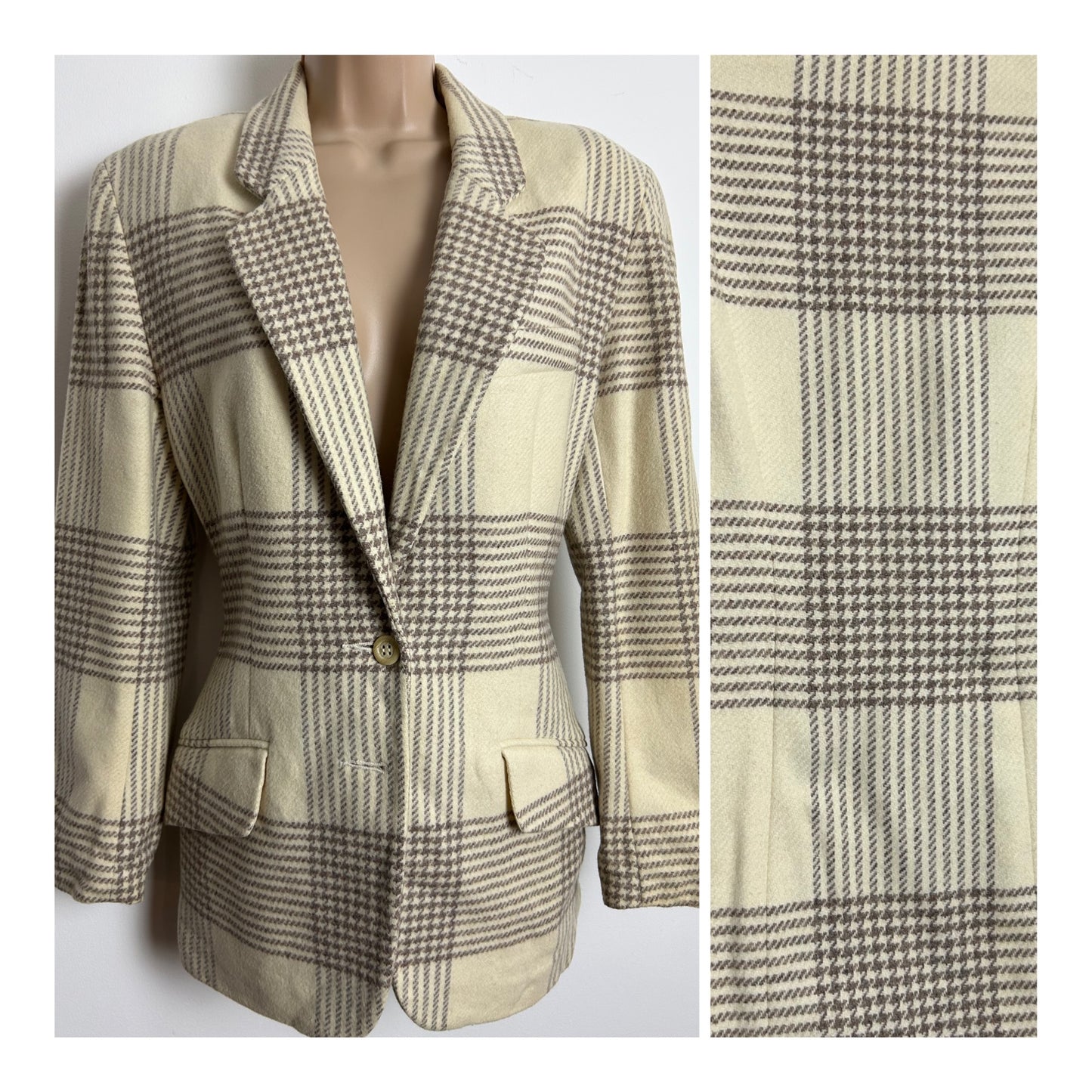 Vintage 1980s EPISODE BY CAROLYN WIGHT FREEMAN Size 8 Cream & Beige Check Wool & Cashmere Mix Blazer
