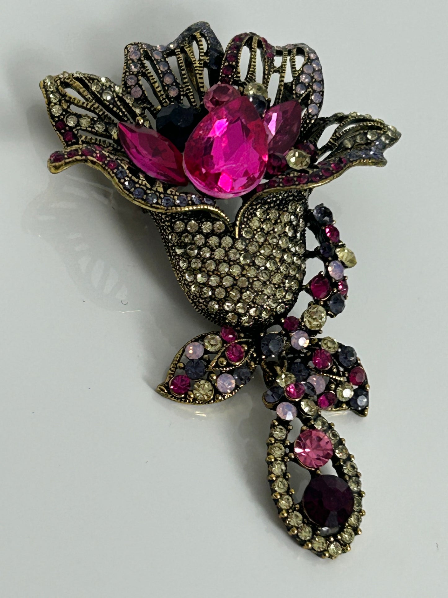Vintage Large Dark Gold Pink & Clear Diamante & Jewel Set Flower Brooch Or Pendant