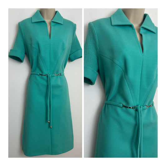 Vintage 1970s Size 14 Mint Green Pure New Wool Mix Ribbed Short Sleeve Belted Mod Day Dress