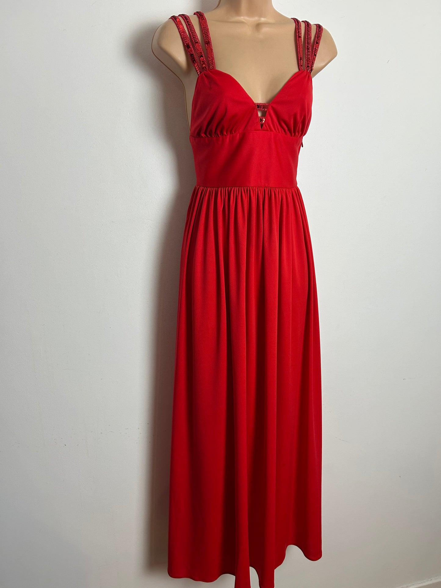 Vintage 1970s Size 6 Red Triple Sequin Strap Special Occasion Evening Maxi Dress