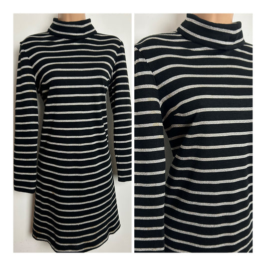 Vintage 1970s JOHN MARKS Size 12-14 Black & Silver Lurex Stripe Long Sleeve Shift Dress