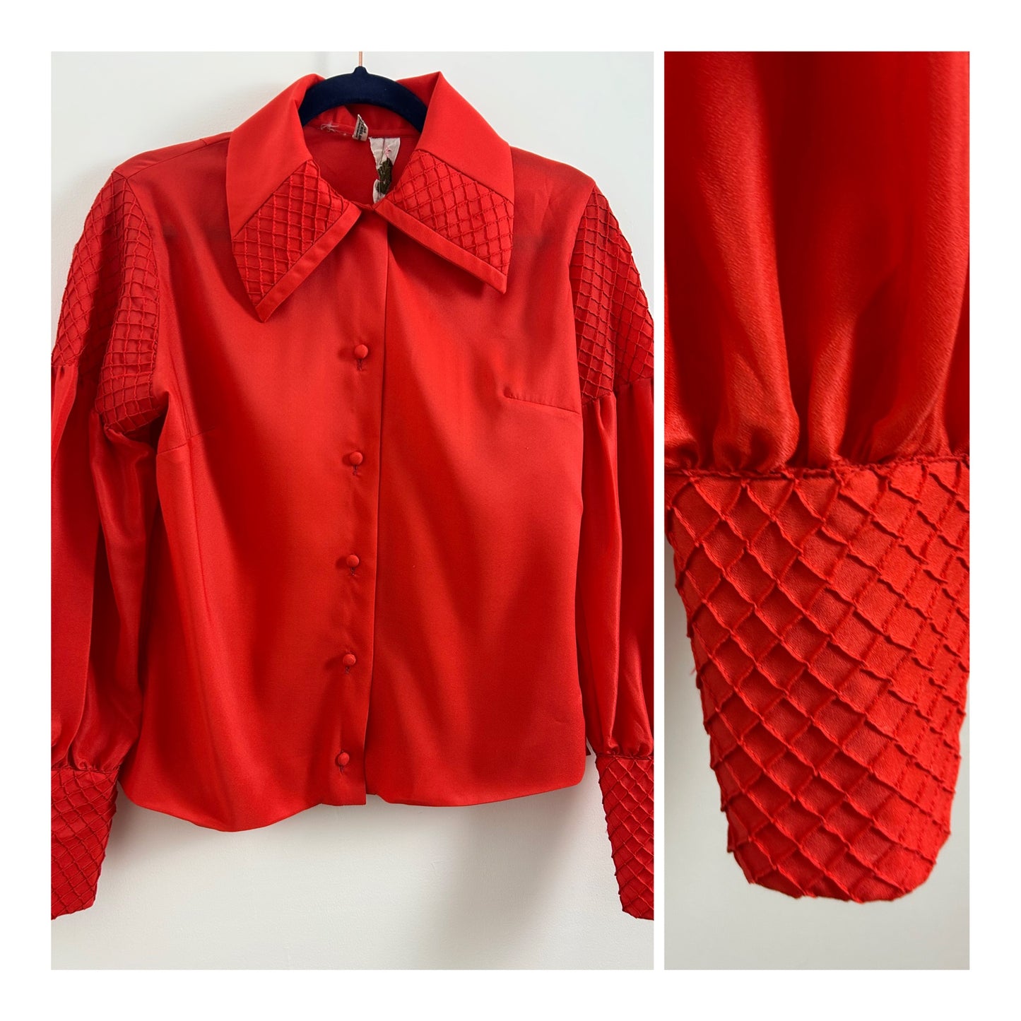 Vintage 1970s ROSAMUNDA Mexican Size 12 Red Diamond Pintuck Pleated Detail Long Sleeve Shirt
