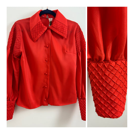 Vintage 1970s ROSAMUNDA Mexican Size 12 Red Diamond Pintuck Pleated Detail Long Sleeve Shirt