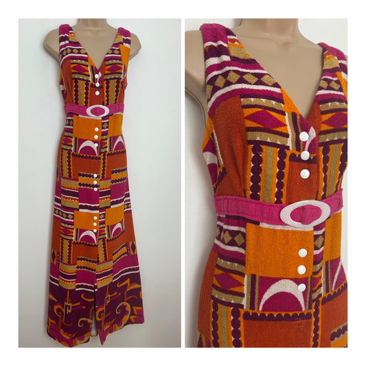 Vintage 1970s Size 10 Orange Pink & Purple Abstract Print Cotton Towelling Button Through Sleeveless Maxi Dress