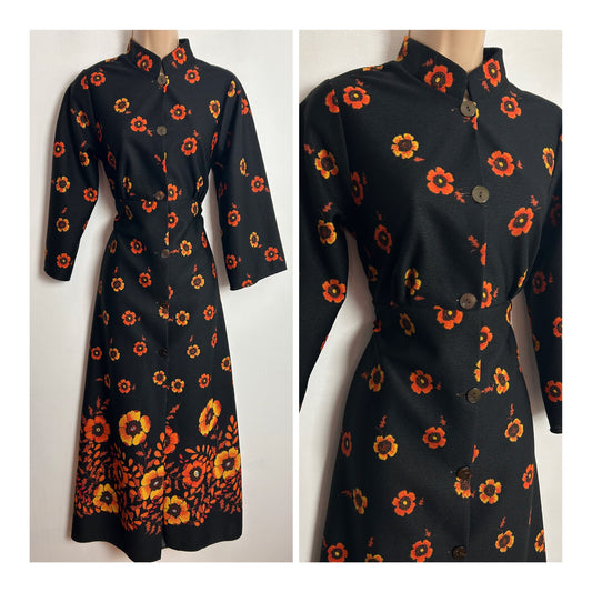 Vintage 1970s UK Size 12 Black & Orange Floral Print Tie Back Boho Maxi Dress