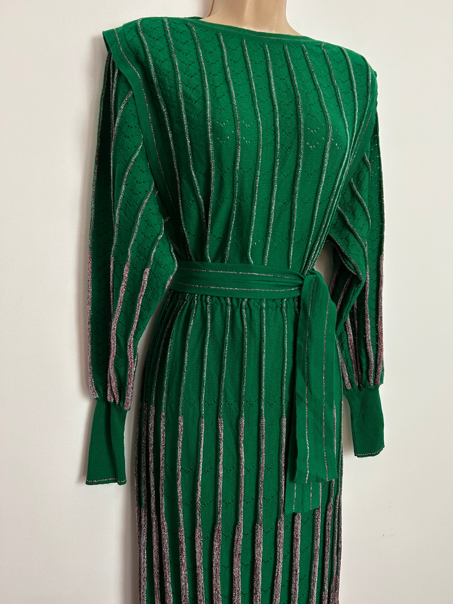 Vintage 1980s BELLINO Made In Italy UK Size 10 STUNNING Green & Metallic Silver Pleated Knitted Dress