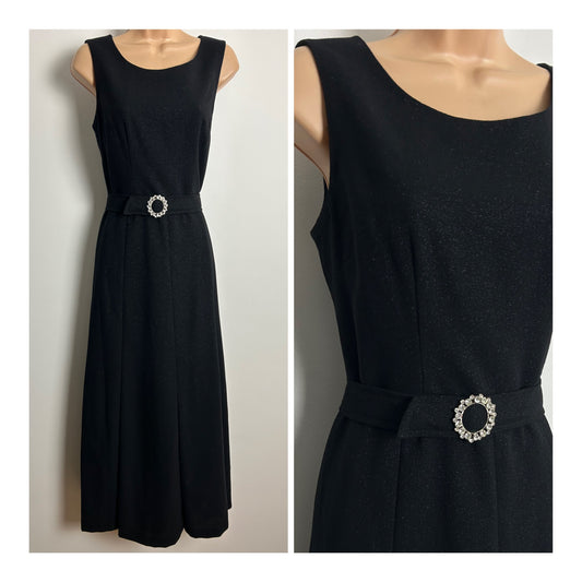 Vintage 1970s Size 8/10 Black Glitter Shimmer Belted Sleeveless Occasion Evening Maxi Dress