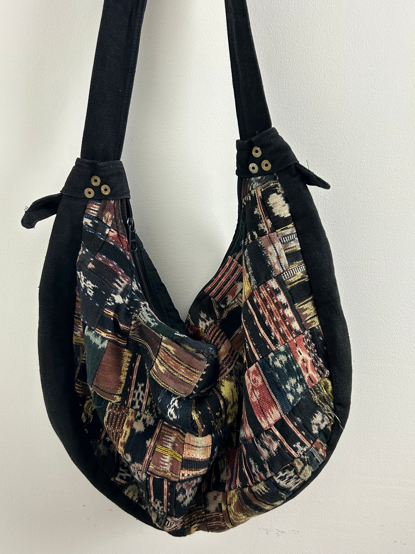 Vintage IKAT ART Collections Black Woven Tapestry 100% Cotton Boho Hippie Tote Bag