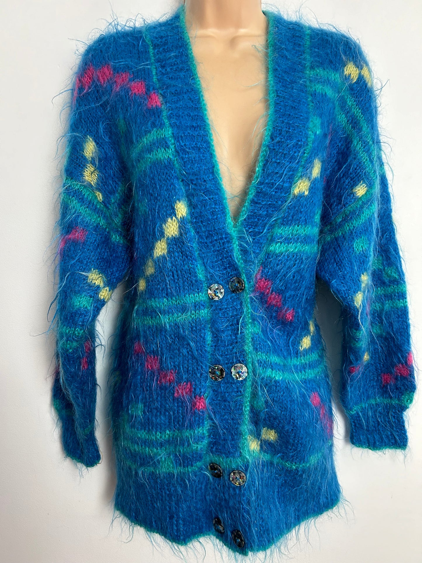 Vintage 1980s One Size Up To 14/16 Peacock Blue Pink & Green Abstract Pattern Mohair Mix Cardigan