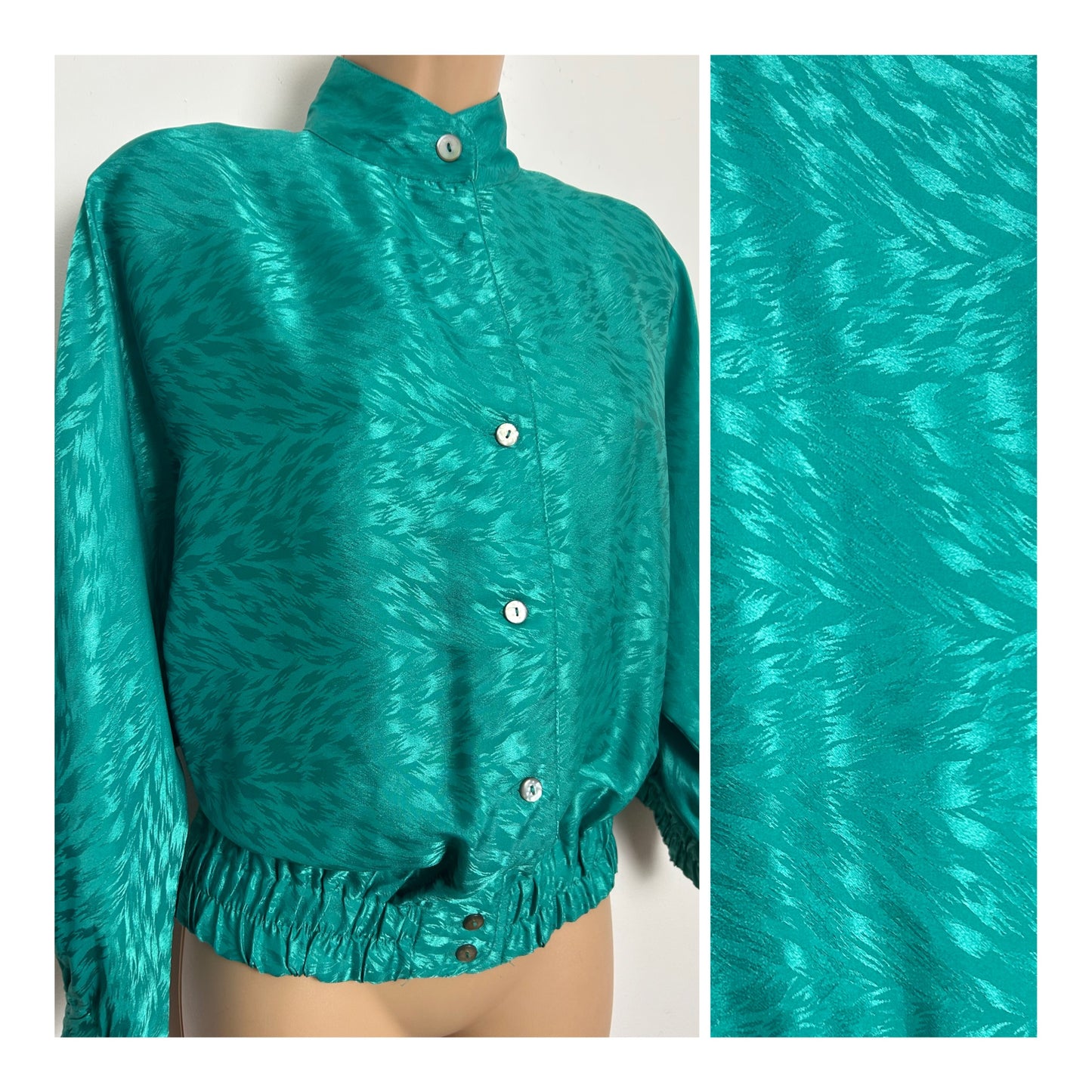 Vintage 1980s MARCO PECCI Size 14-16 Jade Green Animal Print Patterned Bat Wing Blouse