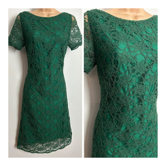 Vintage 1960s Size 10 Gorgeous Bottle Green Floral Lace Shift Dress