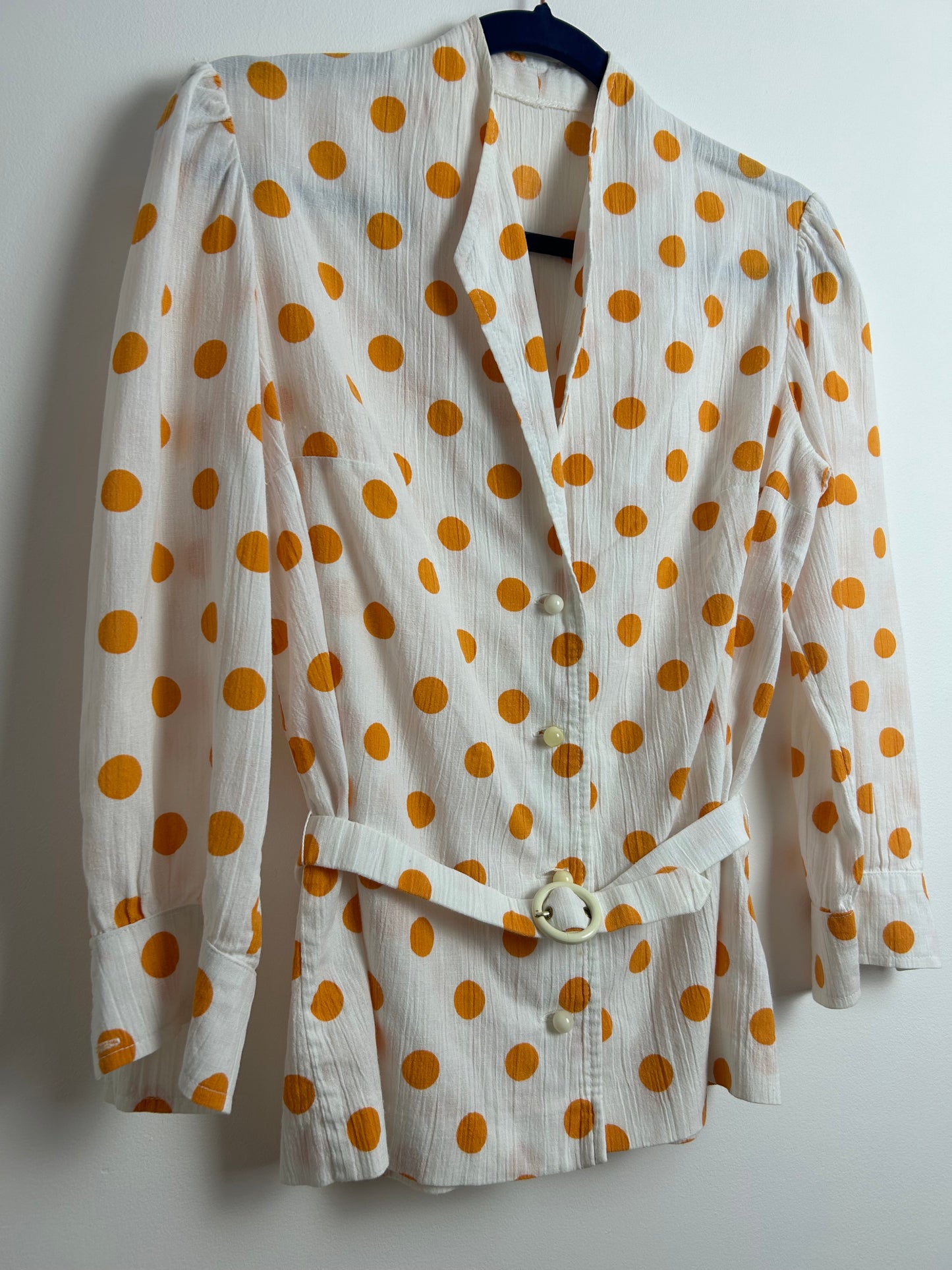 Vintage 1980s Size 12 White & Orange Polka Dot Cheesecloth Cotton Long Sleeve 40’s Style Belted Blouse