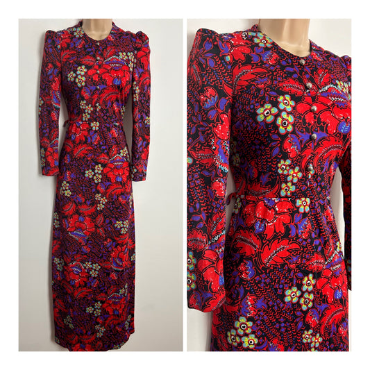 Vintage 1970s UK Size 4-6 Red & Purple Floral Print Long Sleeve Boho Maxi Dress