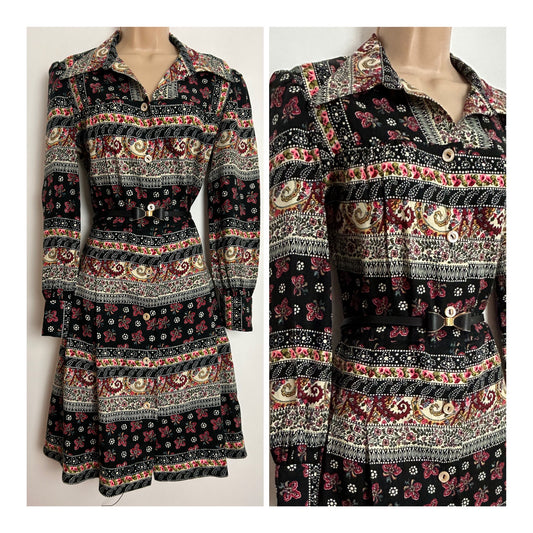Vintage 1970s UK Size 12 Black Pink Red & White Floral & Paisley Print Belted Collared Day Dress
