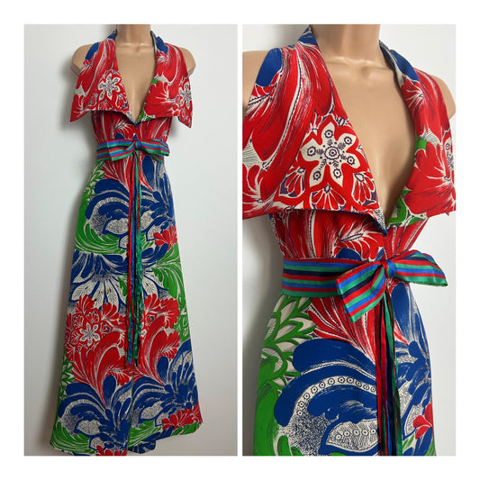 Vintage 1970s Size 8 Red Green Blue & White Bold Floral Wide Collared Bow Belted Summer Maxi Dress