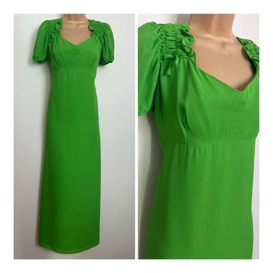 Vintage 1970s Size 10 Lime Green Shirred Bow Shoulder Detail Short Sleeve Empire Line Maxi Dress