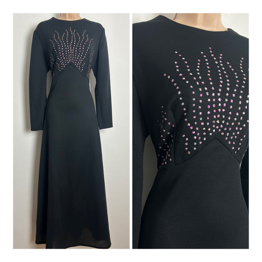 Vintage 1970s BELLE OF MY HEART Size 12 Black Glitter Detail Occasion Evening Maxi Dress
