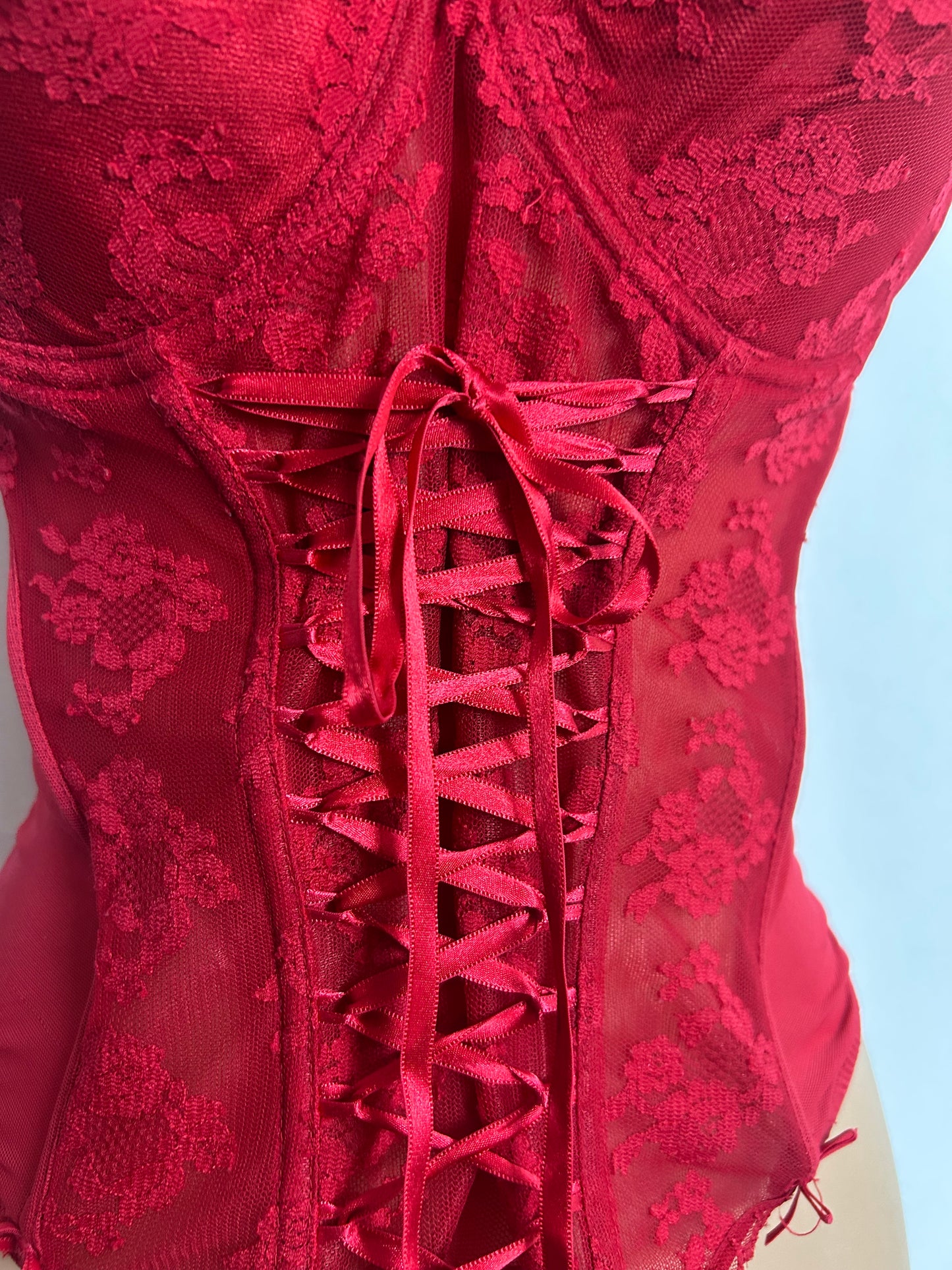 Ann Summers Size 34D Red Lace Ribbon Bustier Tie Boned Corset With Detachable Straps