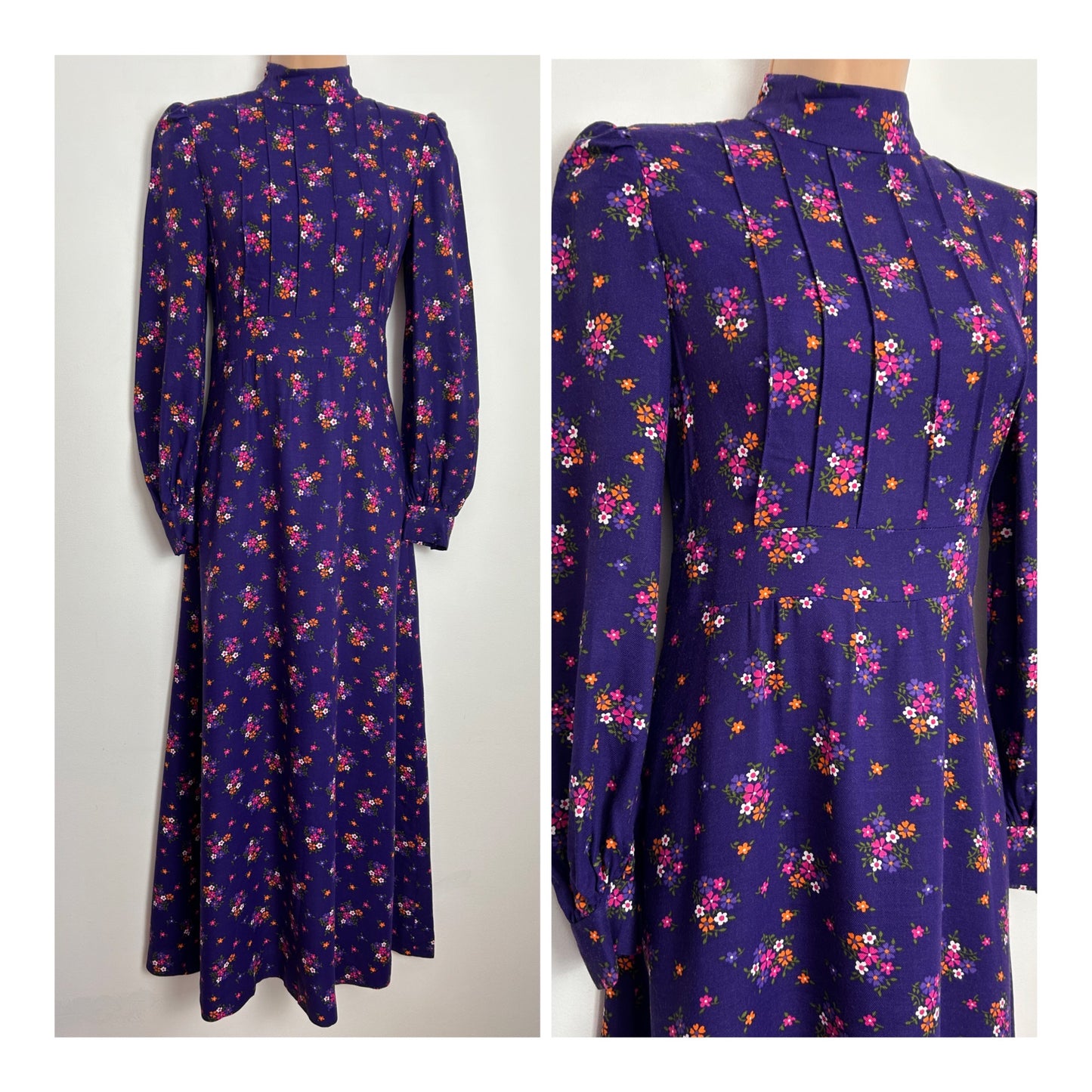 Vintage 1970s Purple Floral Print Brushed Cotton Long Sleeve Prairie Boho Maxi Dress