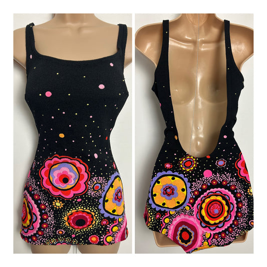 Vintage 1960s Size 16 Black Pink & Yellow Floral Spotty Print Skirted Swimming Costume