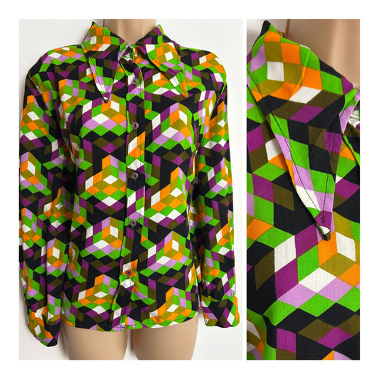 Vintage 1970s Size 16-18 Green Purple Orange White & Black Geo Check Print Dagger Collar Shirt