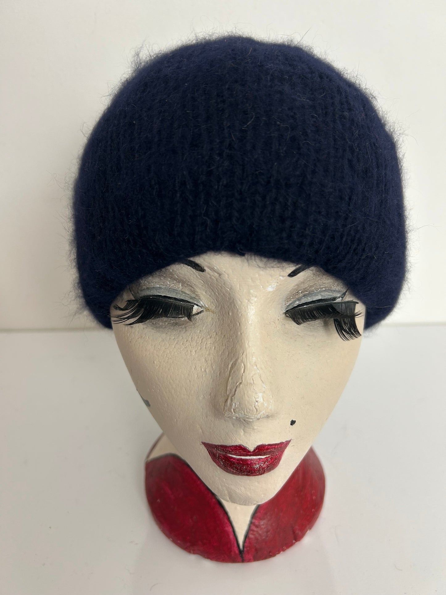 Vintage Navy Blue Angora Mix Chunky Knit Beret/Beanie Style Hat