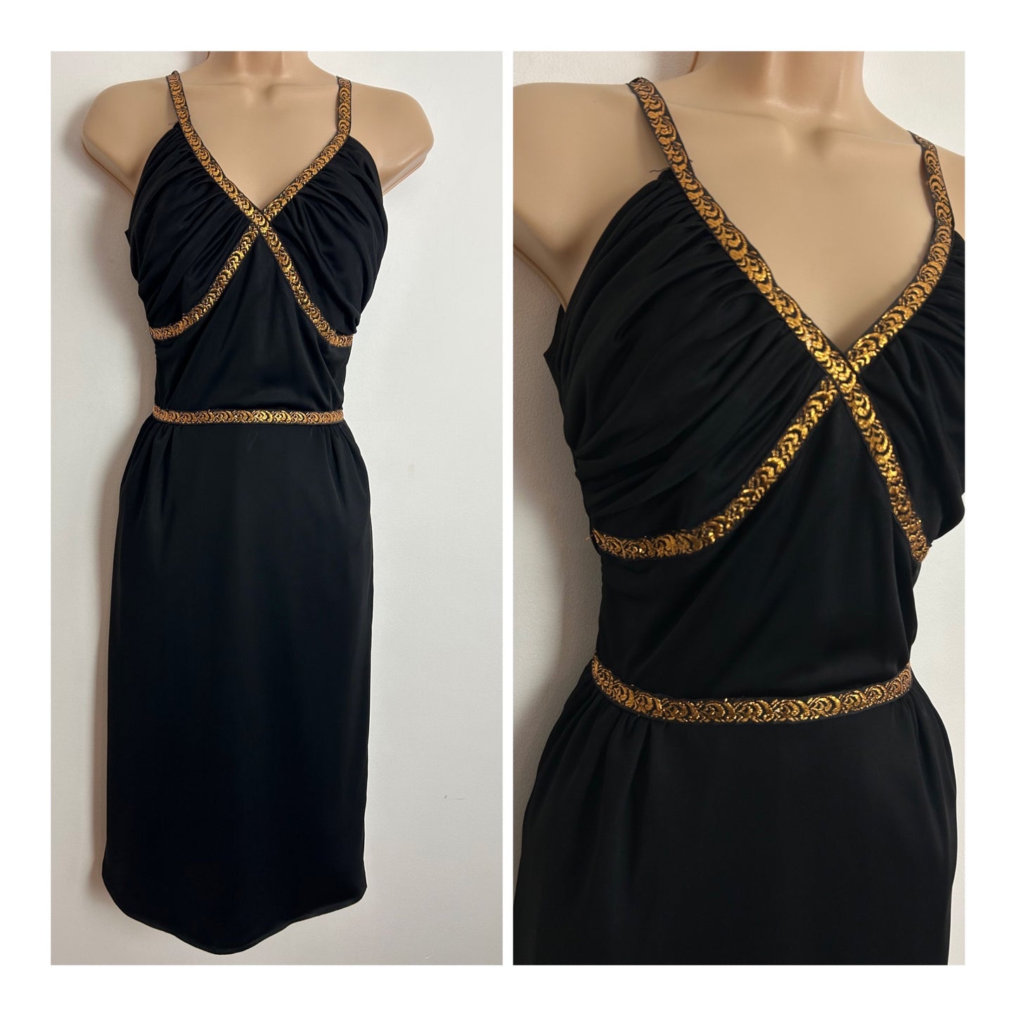 Vintage Early 1960s BLANES LONDON UK Size 6 Black & Metallic Gold Braid Trim Ruched Bust Little Black Party Dress