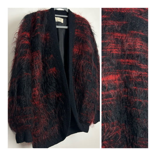 Vintage 1980s Up To Size 14 Black & Red Mohair Open Fronted Fully Lined Cardigan