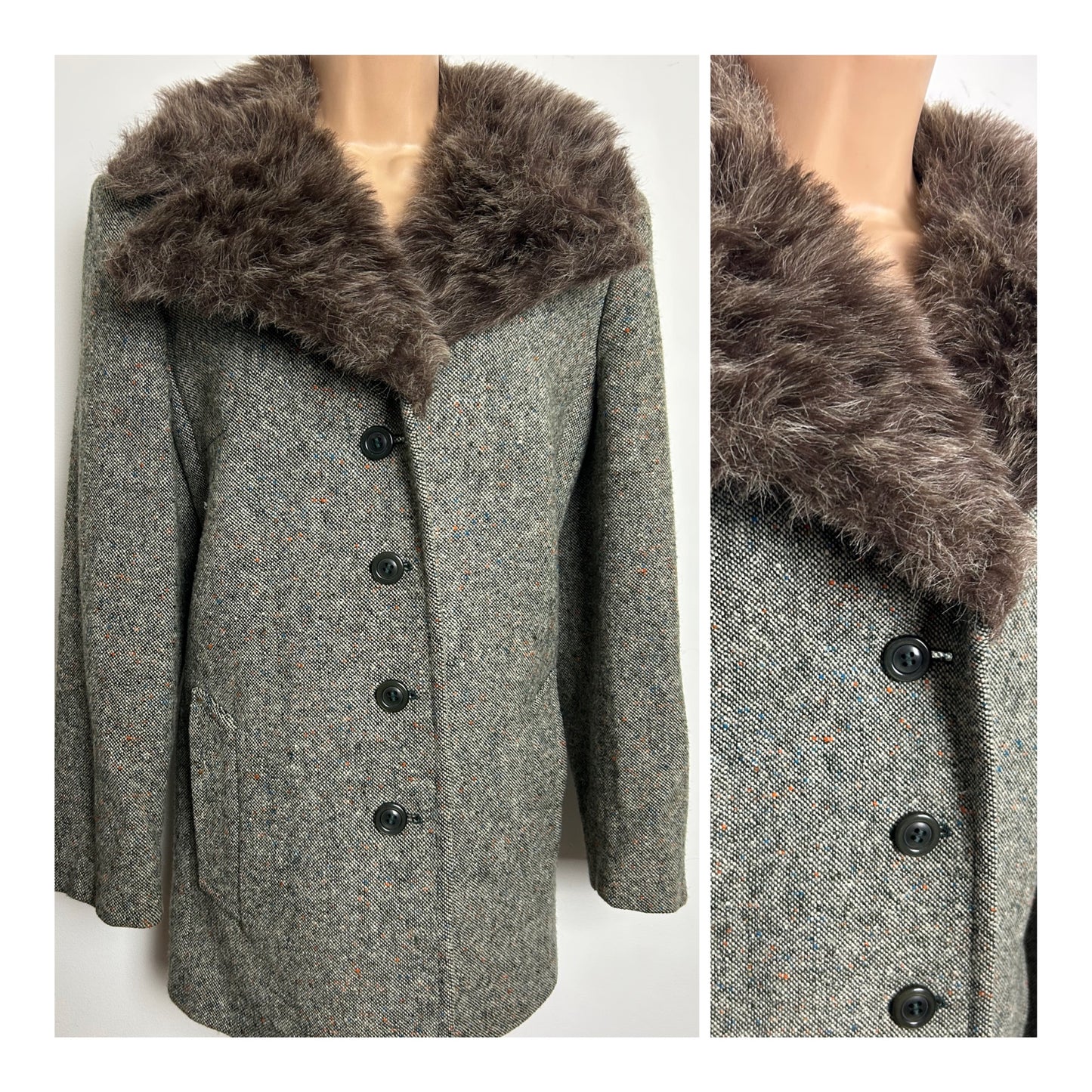 Vintage 1970s ELDAMO Size 12 Tweed Wool Pea Coat With Faux Fur Collar