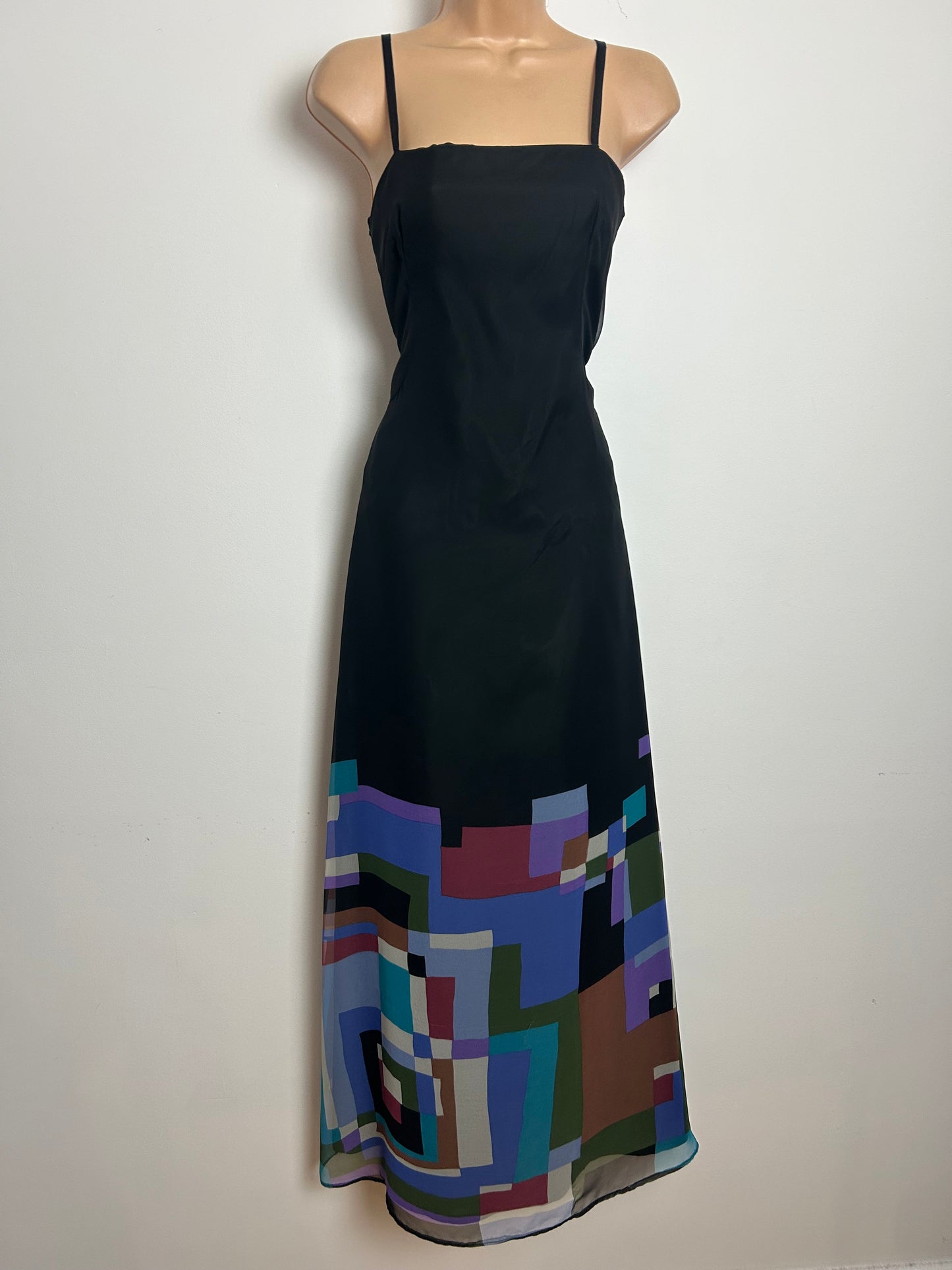 Vintage Late 1970s HOFFMANN Size 10 Black & Multi Colour Abstract Print Strappy Chiffon Maxi Dress
