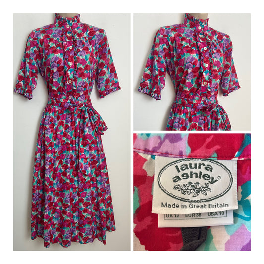 Vintage 1980s LAURA ASHLEY Size 12 Red Pink Blue & Green Floral Print Ruffle Trim 100% Cotton Day Dress